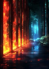 A walkway with a fire burning through the middle. The fire is blue and red