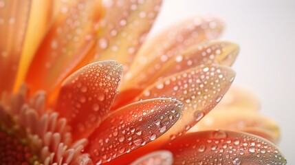 Ethereal Beauty of Summer Blooms: Macro Petals with Dew in Soft Light on White Background, Copy Space Available
