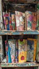 Fototapeta premium Colorful Handmade Paper Bookmarks with Unique Designs on Rustic Wooden Shelf | Boho, Nature-Inspired Art