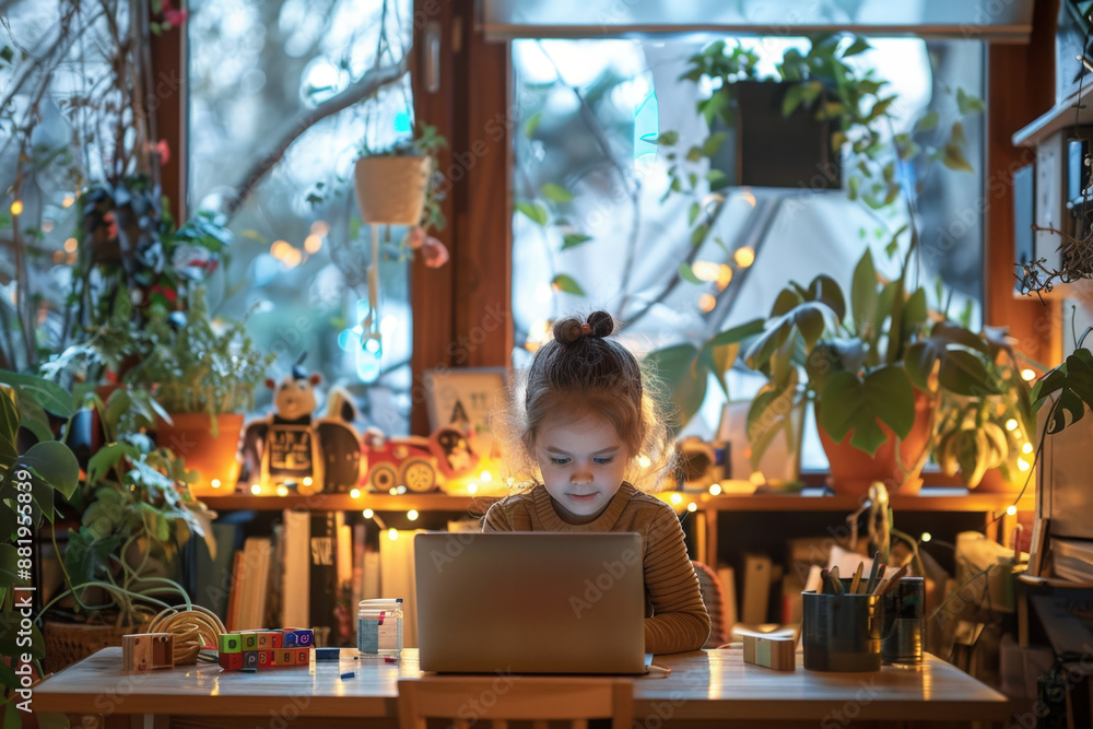Poster young girl is concentrating on learning programming code , deeply engaged in her tech-related activi