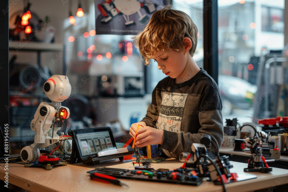 Poster young boy technician concentrating while assembling a robot from electronic parts in a robotics work