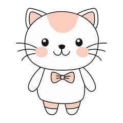 Cute kawaii kitten in clothes on a white background.