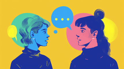 illustration of two people, one blue and the other pink, facing each other with speech bubbles above their heads. The background is yellow, and they seem engaged in a conversation