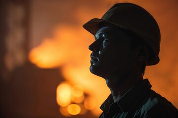 Portrait of a worker wearing a yellow hard hat stands in an industrial setting 