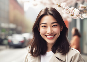Fototapeta premium Japanese young woman in a spring day walking in Tokyo town streets