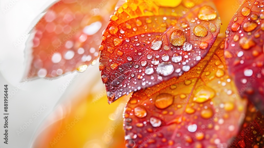 Poster Vibrant Autumn Foliage with Dewdrops in Macro Photography on White Background with High Contrast and Copy Space for Text