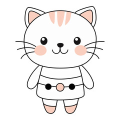 Cute kawaii kitten in clothes on a white background.