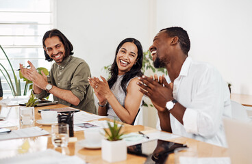 Excited business people, applause and meeting with congratulations for promotion or teamwork at office. Young group of happy employees clapping for good job, winning or success together at workplace