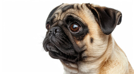 Obraz premium Close-up portrait view of adorable brown Pug dog head and face looking from side view isolated on white background