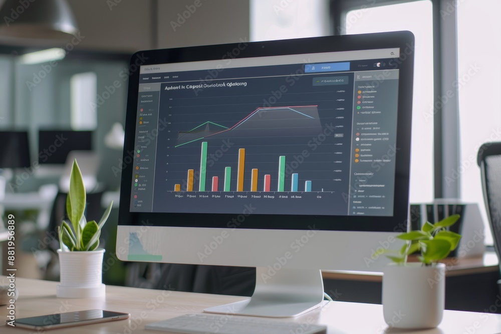 Aufkleber digital analytics dashboard on office computer monitor for business insights and performance metrics