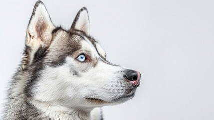 Obraz premium Close-up portrait view of adorable Siberian Husky dog head and face looking from side view isolated on white background