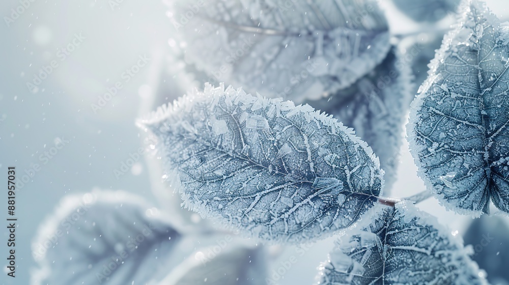 Poster frosty winter crystals on leaves in soft light with white background - macro close-up with copy spac