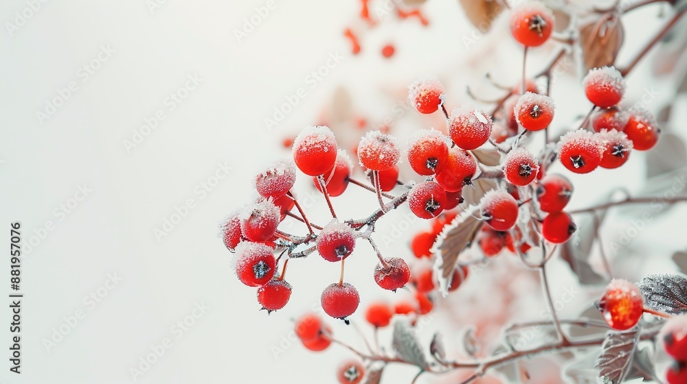 Poster vibrant autumn berries covered in frost - high contrast macro shot on white background with copy spa