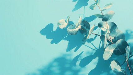 Pure cyan background, a broad scene with a distinct sense of space, and a ground line faintly visible. In the upper right corner, there's a touch of eucalyptus leaf-shaped shadow. 