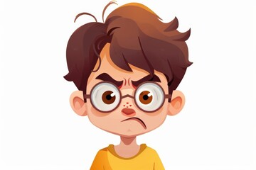 Cartoon Illustration of a Boy with a Frowning Expression