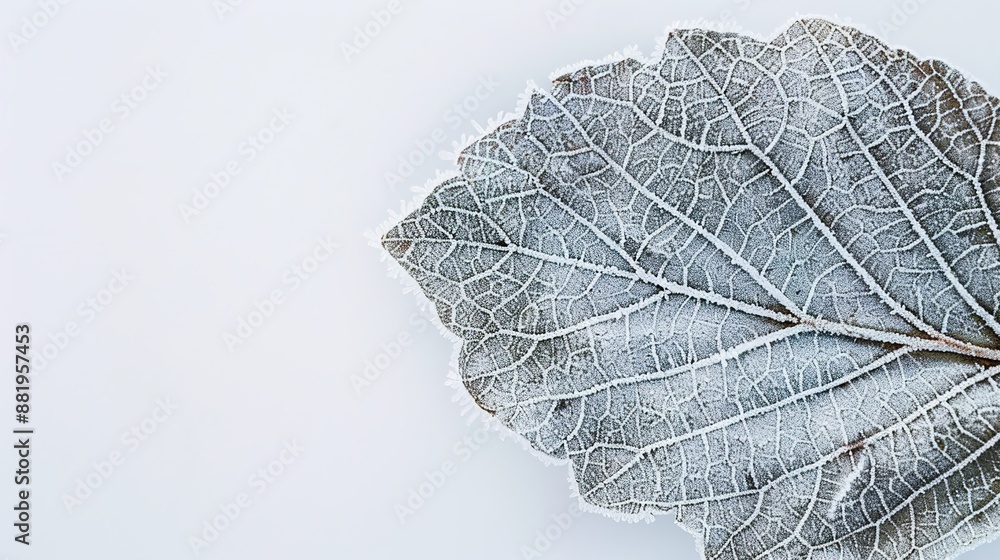 Aufkleber delicate winter frost patterns on leaf in soft light against white background with ample space for t