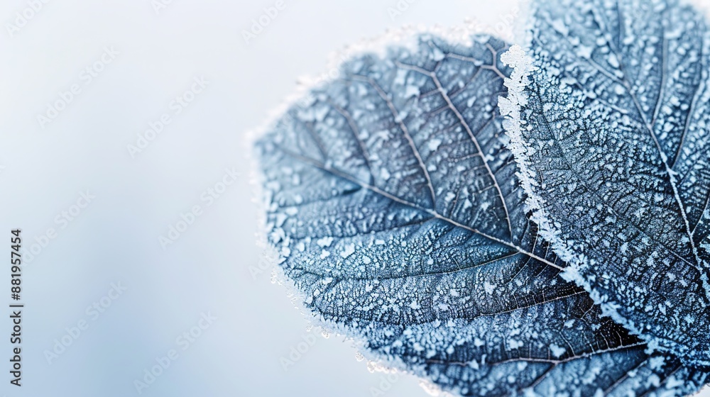Aufkleber intricate winter frost patterns on leaf in soft light with copy space - high contrast nature backgro