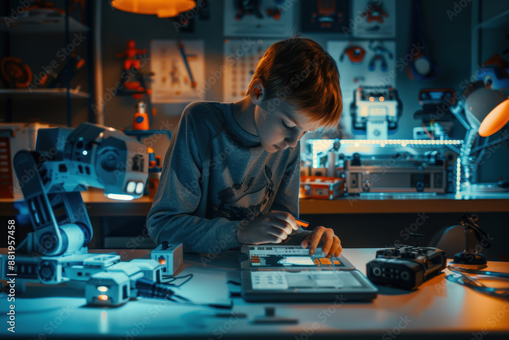 Poster young engineer concentrating on programming a robot using a digital tablet in his workshop