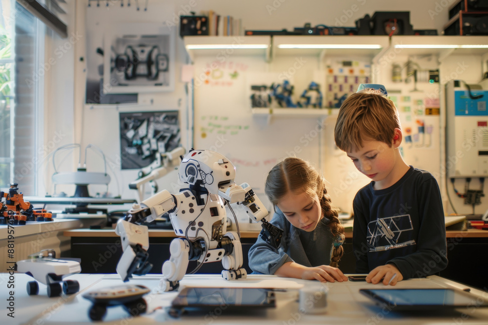 Poster two concentrated children working on a project in a robotics laboratory, assembling a robot dog
