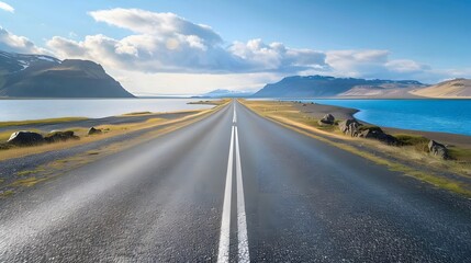 Naklejka premium Diminishing perspective of asphalt empty roadway with road markings passing through scenic lake against sky in iceland. 