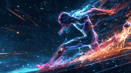 Futuristic Long Jumper in Neon Trails for Sports Promotion and Event Design