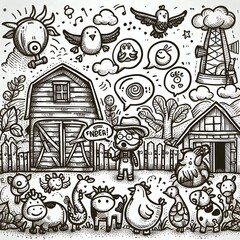 Doodle art cartoon of animals and a farmer