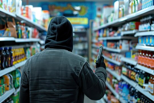 A masked individual holding a handgun stands in the aisle of a convenience store, highlighting a robbery scenario.