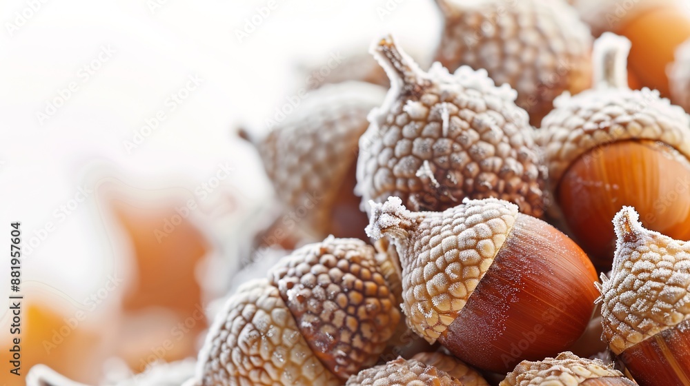 Poster autumn acorns and frost in soft natural light on white background - macro shot with high contrast an