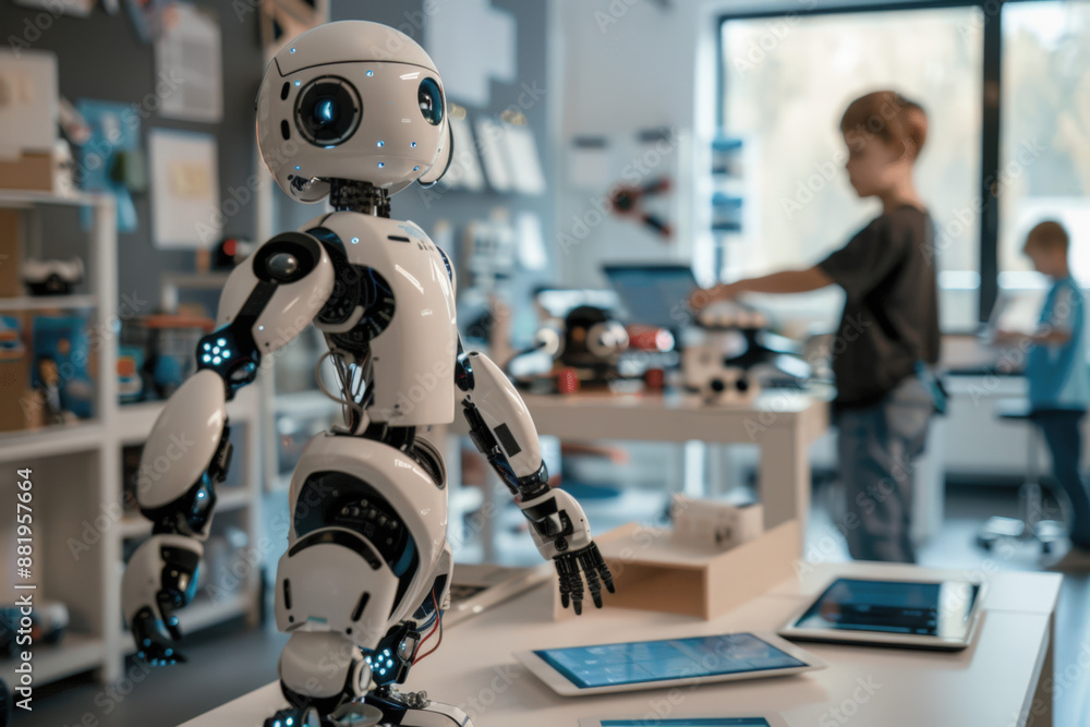 Poster humanoid robot standing on table with digital tablets and students working in robotics laboratory