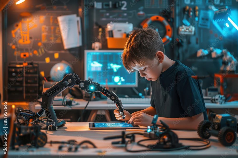 Poster boy using a digital tablet, programming code for his robotics project at his desk at home