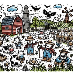 Doodle art cartoon of animals and a farmer