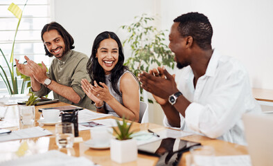 Happy business people, applause and meeting with congratulations for promotion or teamwork at...
