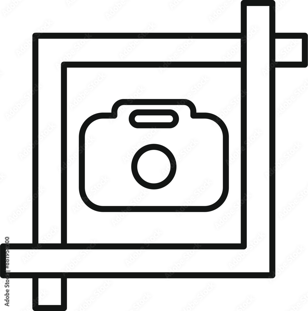 Poster simple line art of a camera icon being framed, ideal for projects related to photography, image capt