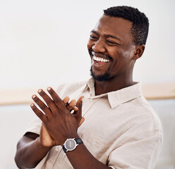 Clapping, black man and laughing in meeting, office and happy for creativity, startup and...