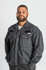Man with a beard, dressed in a dark gray work shirt, standing with a slight smile and hands in his pockets against a plain white background.