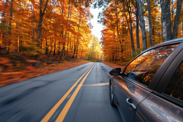 Car speeds down a colorful autumn road, sunlight filtering through the trees, creating a serene scene. The journey evokes freedom and wanderlust, perfect for a scenic fall drive
