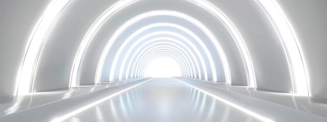  White tunnel with glowing light ring on white background, empty virtual space for product presentation, futuristic technology video motion effect. 