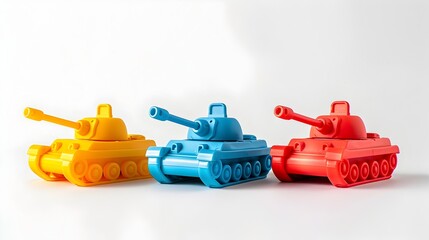 Fototapeta premium Minimal Colorful Geometric Classic Baby Toy Tanks Isolated on White Background in Photography