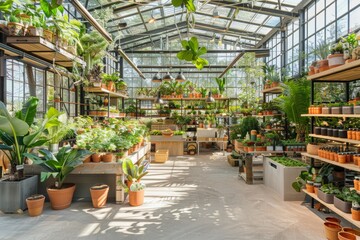 Eco-Friendly Boutique Store in Greenhouse with Vibrant Plants and Gardening Supplies for Spring Decor
