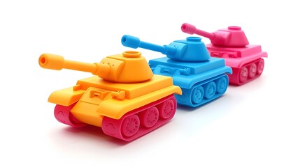 Fototapeta premium Minimal Colorful Classic Geometric Baby Toy Tanks on White Background