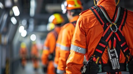 Workers in orange uniforms and safety gear walking in an industrial setting