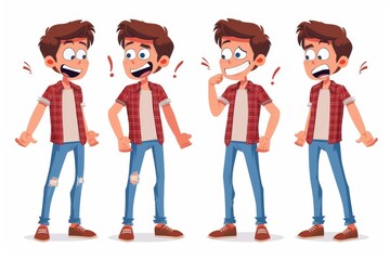 Fototapeta premium Four Poses of a Cartoon Boy in Red Plaid Shirt