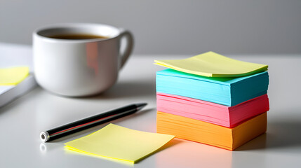 Colorful Sticky Notes and Coffee Cup on Office Desk