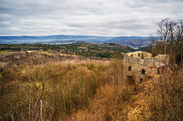 View on castle ruin of Engelsburg and forest around, Ore mountain. Angel hill.