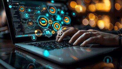 Smart AI Solutions for SEO Excellence, businessman analyzing SEO with AI-powered tools on a laptop, strategies for promoting website ranking and optimizing for search engines.