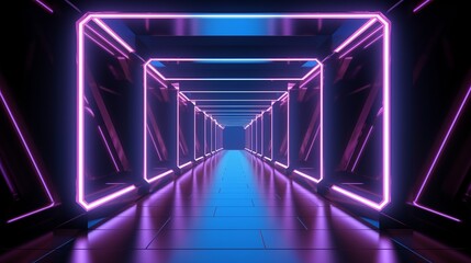 Futuristic Neon Tunnel with Pink and Blue Lights and Symmetrical Design