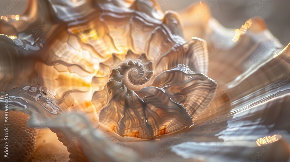 Poster tranquil beauty: close-up of a translucent seashell revealing intricate patterns in soft illuminatio