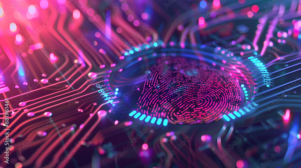 Aufkleber concept protect personal data. security system with fingerprint on cyber technology neon background.