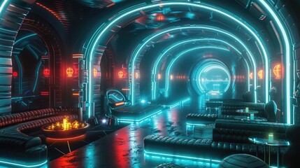 Underground nightclub with neon lights and futuristic decor