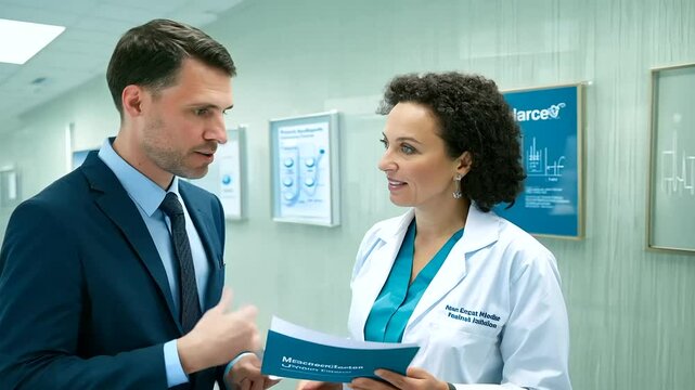 Medical sales rep discussing products with a doctor in a healthcare facility.